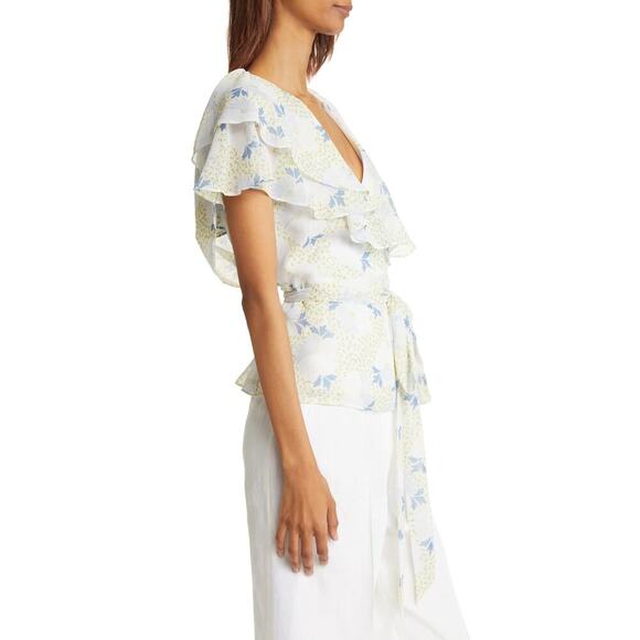 NWT TED BAKER Gemmiaa Floral Print Ruffle Wrap Blouse Blue Size 1 (4 US) - Picture 4 of 14